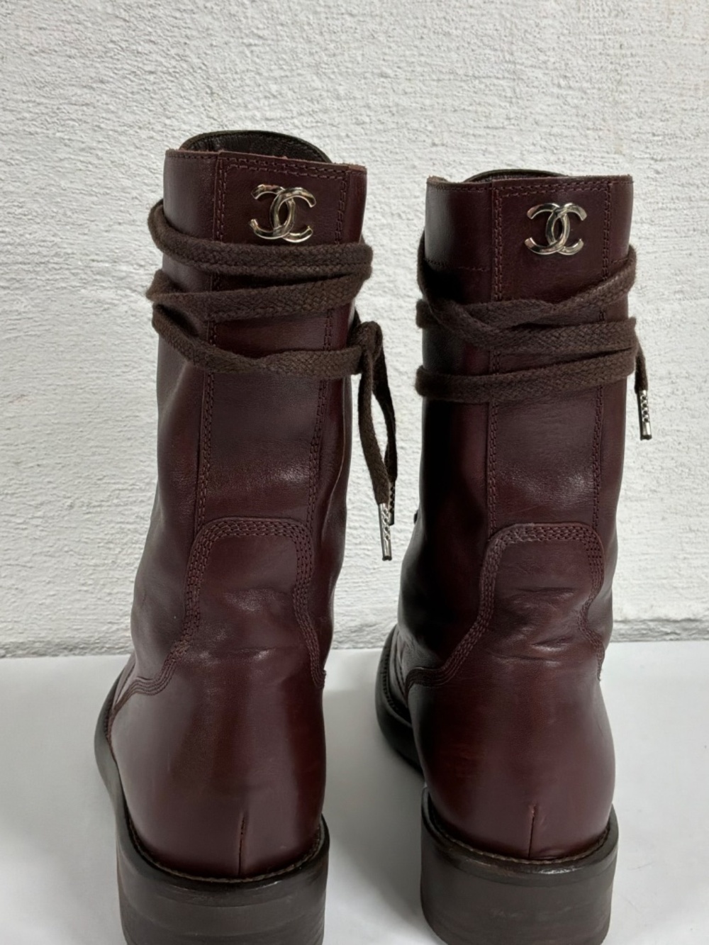 Vintage 90's CHANEL CC Logo COMBAT Biker Moto Brown Lace Up Leather Boots  37.5 - Picture 2 of 16
